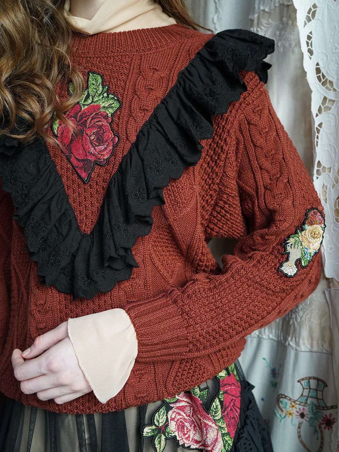 Unlogical Poem Rose Lace Cable-Knitted Sweater